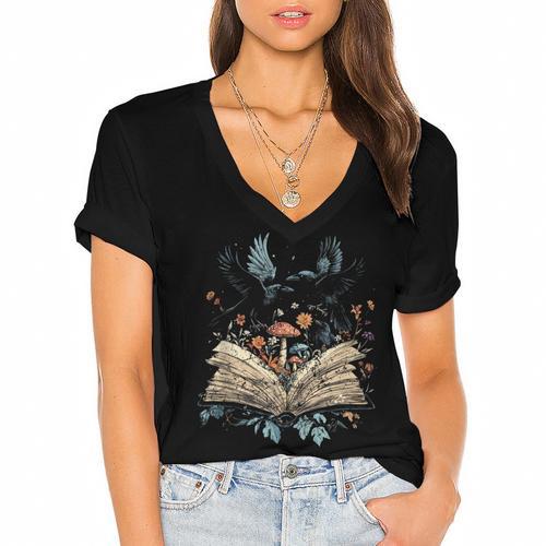 Goblincore Mushroom Cottagecore Aesthetic Book Women's Jersey Short Sleeve Deep V-Neck Tshirt				 - Bookorys DE