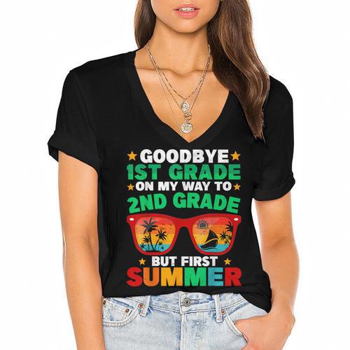 Goodbye 1st Grade First Summer Graduation Last Day Boys Women's Jersey Short Sleeve Deep V-Neck Tshirt - Best Gift Smart