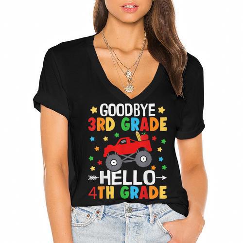 Goodbye 3rd Grade Hello 4th Grade Graduation 2024 Women's Jersey Short Sleeve Deep V-Neck Tshirt				 - Best Gift Smart