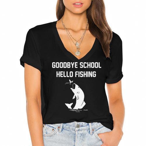 Goodbye School Hello Fishing Graduation T-Shirt Women's Jersey Short Sleeve Deep V-Neck Tshirt - Best Gift Smart