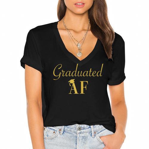 Grad T Shirt For Women Graduated AF Graduation GIft Women's Jersey Short Sleeve Deep V-Neck Tshirt				 - Best Gift Smart