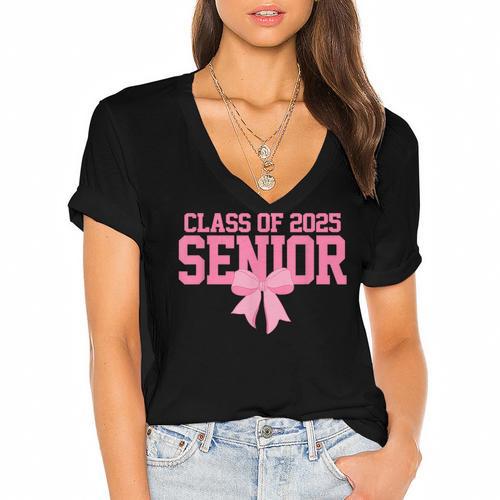 Graduate 2025 Class Of 2025 Senior Coquette Bow Graduation Women's Jersey Short Sleeve Deep V-Neck Tshirt				 - Best Gift Smart