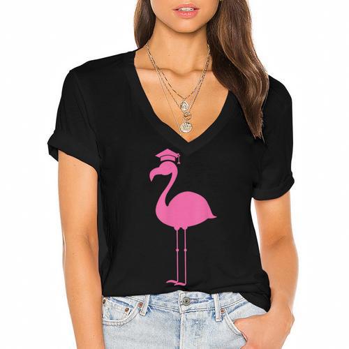Graduate Cute Pink Flamingo Graduation Women's Jersey Short Sleeve Deep V-Neck Tshirt				 - Best Gift Smart