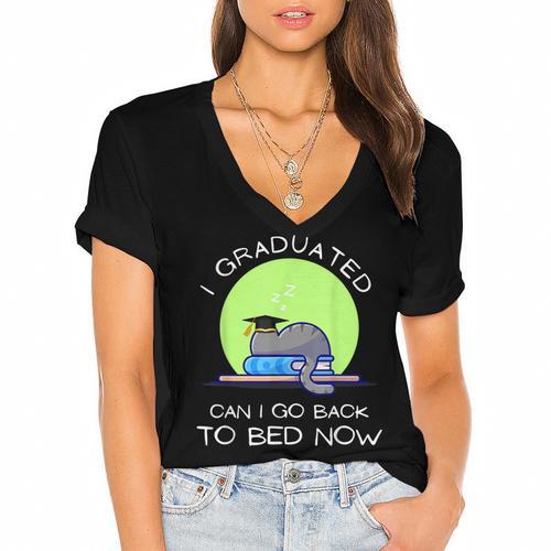 I Graduated Can I Go Back To Bed Now Cat Graduation For Men Women Girls Kids Women's Jersey Short Sleeve Deep V-Neck Tshirt - Best Gift Smart