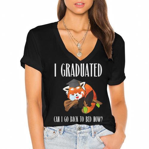 I Graduated Can I Go Back To Bed Sleepy Red Panda Graduation Women's Jersey Short Sleeve Deep V-Neck Tshirt				 - Best Gift Smart