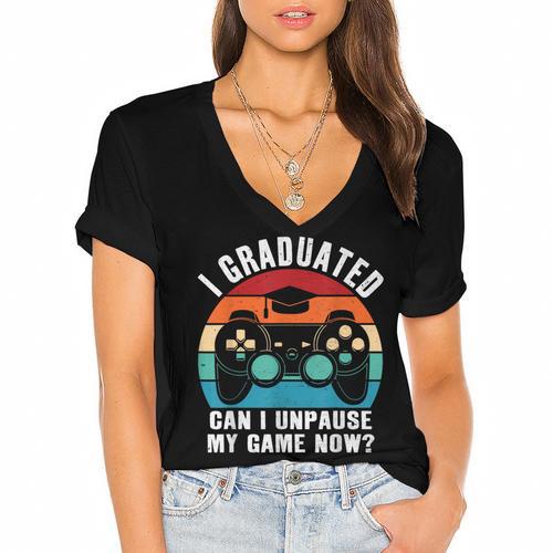 I Graduated Can I Unpause My Game Now Retro Graduation Women's Jersey Short Sleeve Deep V-Neck Tshirt				 - Best Gift Smart