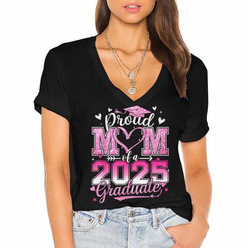 Graduation 2025 Proud Mom Of 2025 Graduate Floral Women Women's Jersey Short Sleeve Deep V-Neck Tshirt				 - Best Gift Smart