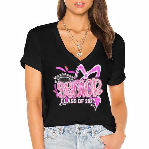 Graduation 2027 Senior 2027 Class Of 2027 Coquette Pink Girl Women's Jersey Short Sleeve Deep V-Neck Tshirt				 - Best Gift Smart