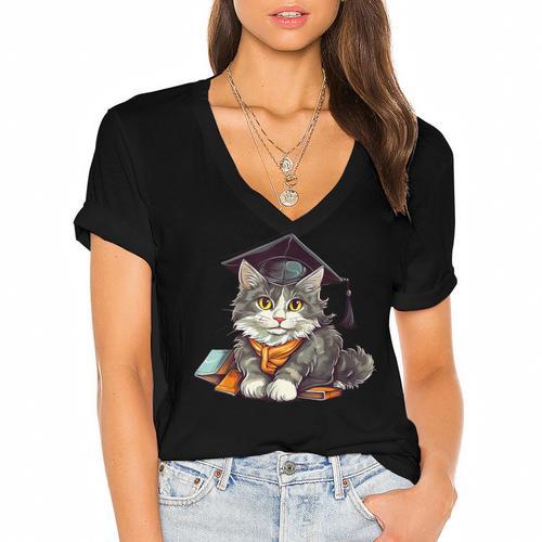 Graduation Cat Graduation Present For Graduate Grad Women's Jersey Short Sleeve Deep V-Neck Tshirt - Best Gift Smart