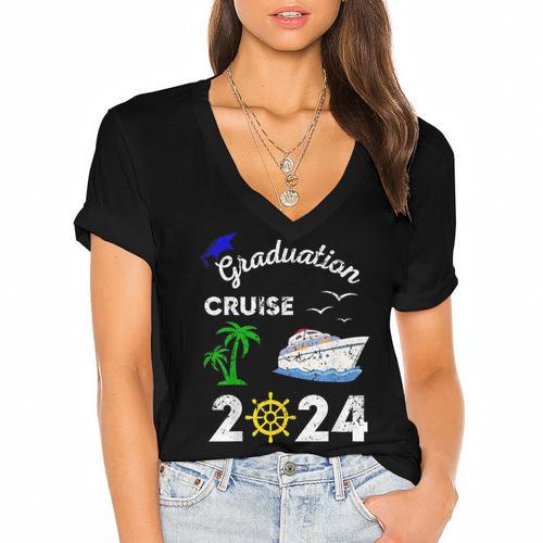 Graduation Cruise 2024 Ship Boat Vacation Summer Vacation Men Women Kids Women's Jersey Short Sleeve Deep V-Neck Tshirt				 - Best Gift Smart