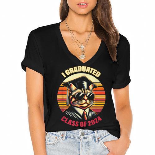 Graduation Day 2024 Graduate For School Degree College Cat Men Women Women's Jersey Short Sleeve Deep V-Neck Tshirt - Best Gift Smart