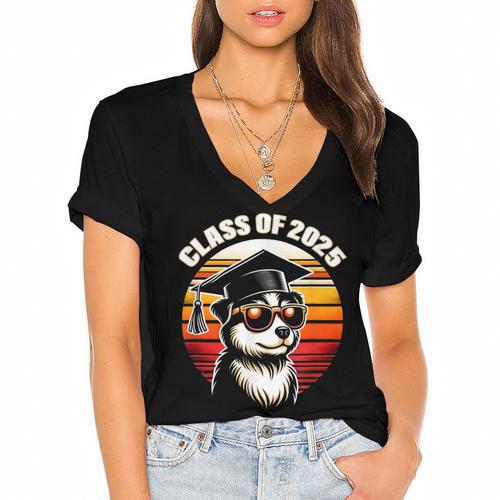 Graduation Day 2025 Graduate Class School Degree College Dog Women's Jersey Short Sleeve Deep V-Neck Tshirt				 - Best Gift Smart
