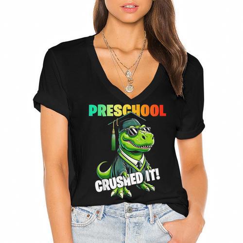 Graduation Preschool Dinosaur T Rex Crushed It Boys Grad Women's Jersey Short Sleeve Deep V-Neck Tshirt				 - Best Gift Smart