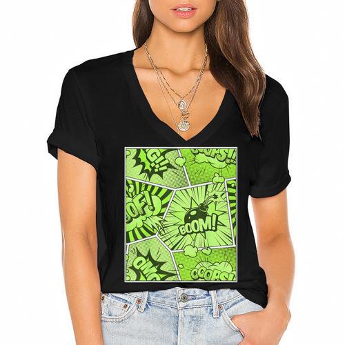 Green Comic Book Green Graphic Women's Jersey Short Sleeve Deep V-Neck Tshirt				 - Bookorys DE