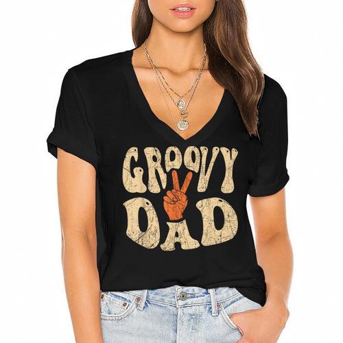 Groovy Dad 70s Aesthetic Nostalgia 1970's Retro Dad Women's Jersey Short Sleeve Deep V-Neck Tshirt				 - Figerry