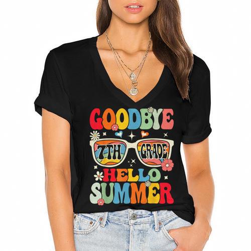 Groovy Goodbye 7th Grade Graduation Hello Summer Kids Women's Jersey Short Sleeve Deep V-Neck Tshirt - Best Gift Smart