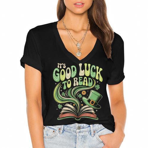 Groovy It's Good Luck To Read St Patrick's Day Book Lucky Women's Jersey Short Sleeve Deep V-Neck Tshirt				 - Bookorys