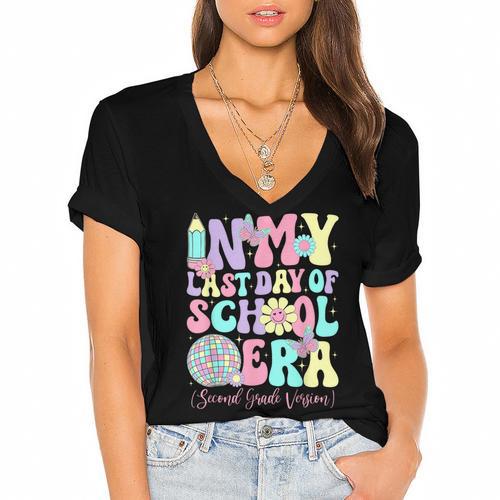 Groovy In My Last Day Of School Era Second Grade Graduation Women's Jersey Short Sleeve Deep V-Neck Tshirt				 - Best Gift Smart