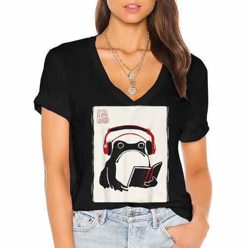 Grumpy Frog Books Music Kawaii Ink Japanese Women's Jersey Short Sleeve Deep V-Neck Tshirt				 - Bookorys