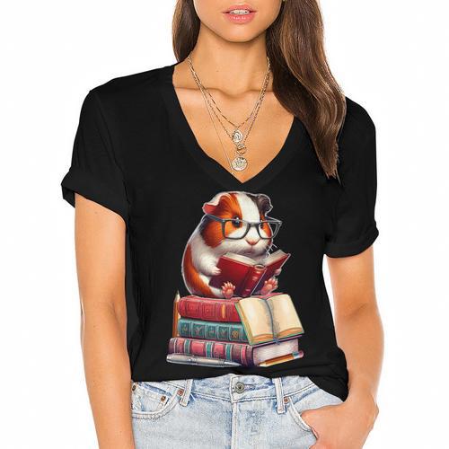 Guinea Pig Reading Books Matching Bookworm Readers Librarian Women's Jersey Short Sleeve Deep V-Neck Tshirt				 - Bookorys