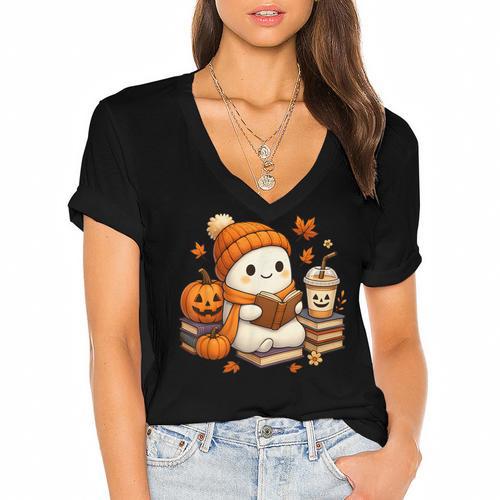 Halloween Ghost Reading Book Lovers Coffee Girl Women Women's Jersey Short Sleeve Deep V-Neck Tshirt				 - Bookorys DE