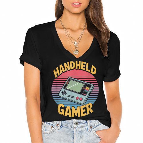 Handheld Gamer Retro Portable Console Nostalgia Women's Jersey Short Sleeve Deep V-Neck Tshirt - Figerry