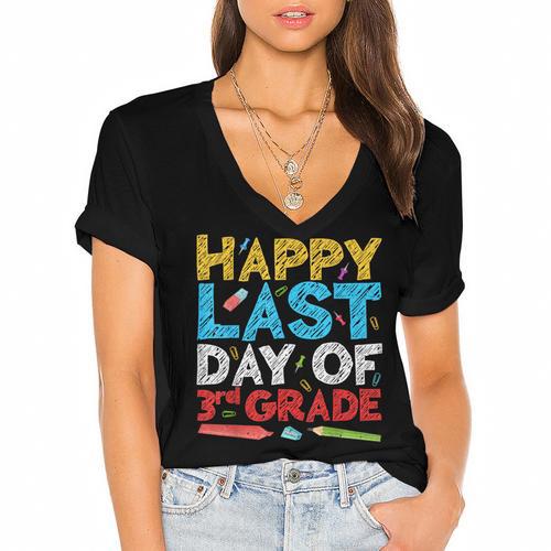 Happy Last Day Of 3rd Grade Shirt Third Grade Graduation Women's Jersey Short Sleeve Deep V-Neck Tshirt				 - Best Gift Smart