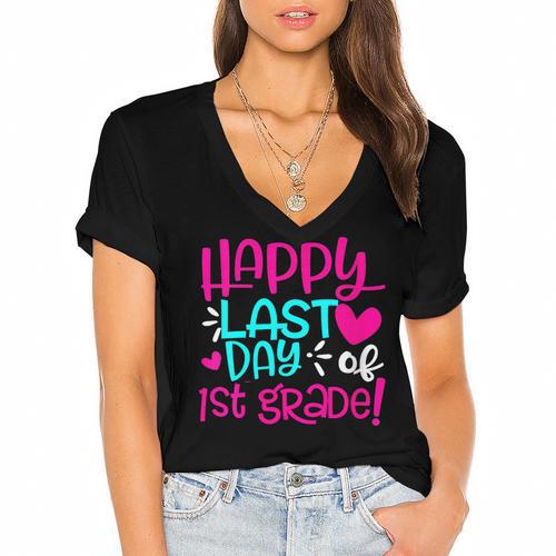 Happy Last Day Of First 1st Grade Teacher Student Graduation Women's Jersey Short Sleeve Deep V-Neck Tshirt				 - Best Gift Smart