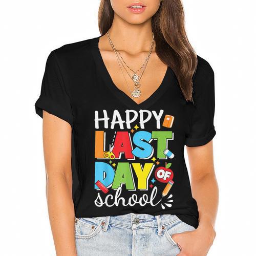 Happy Last Day Of School Teacher Student Graduation Women's Jersey Short Sleeve Deep V-Neck Tshirt				 - Best Gift Smart