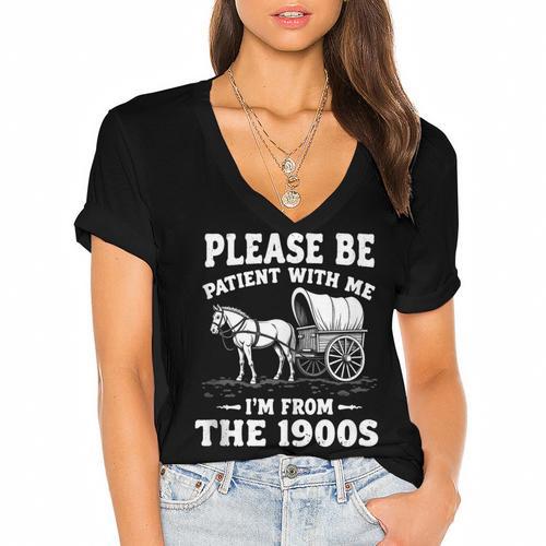 Heartwarming Wagon Please Be Patient I'm From The 1900s Women's Jersey Short Sleeve Deep V-Neck Tshirt				 - Figerry