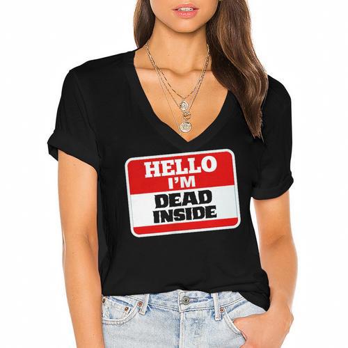 Hello I'm Dead Inside Name Tag Sarcastic Introvert Women's Jersey Short Sleeve Deep V-Neck Tshirt - Raresse