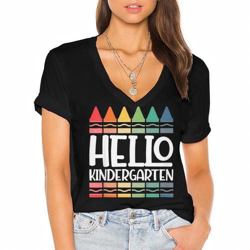 Hello Kindergarten First Day Back To School Graduation Women's Jersey Short Sleeve Deep V-Neck Tshirt				 - Best Gift Smart