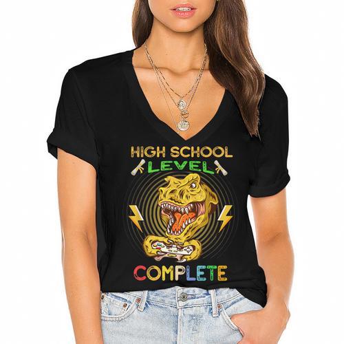 High School Level Complete Gamer Graduation Dinosaur 2021 Women's Jersey Short Sleeve Deep V-Neck Tshirt				 - Best Gift Smart