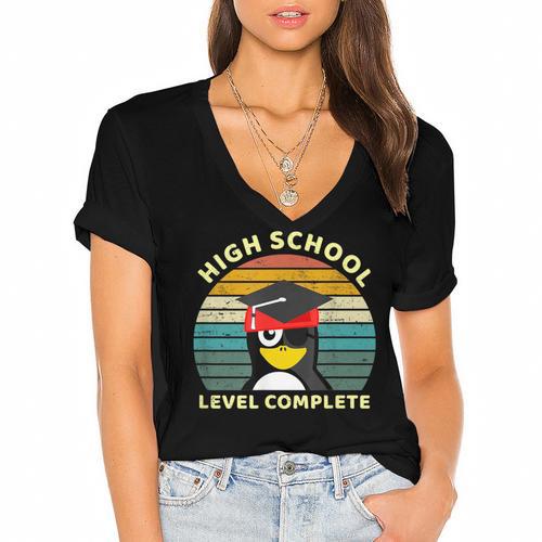 High School Level Complete Graduation Senior Students Women's Jersey Short Sleeve Deep V-Neck Tshirt				 - Best Gift Smart