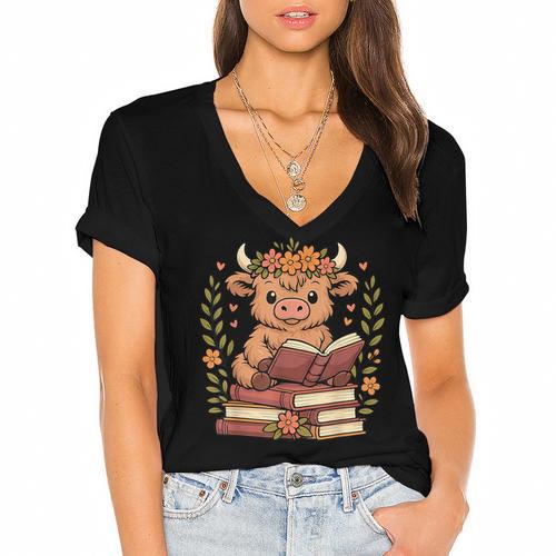 Highland Cow Reading Book Graphic Cow With Book Floral Women's Jersey Short Sleeve Deep V-Neck Tshirt				 - Bookorys