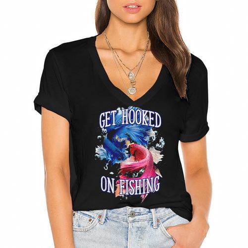 Hooked On Fishing Introvert Sayings Antisocial Quotes Women's Jersey Short Sleeve Deep V-Neck Tshirt - Raresse