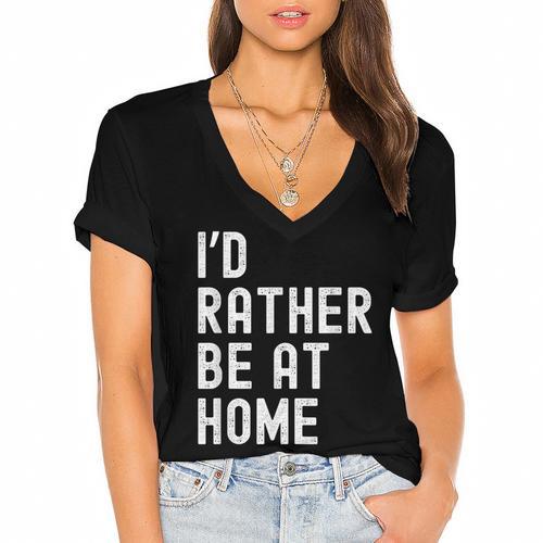 I'd Rather Be At Home Antisocial Introvert Tee Women's Jersey Short Sleeve Deep V-Neck Tshirt				 - Raresse