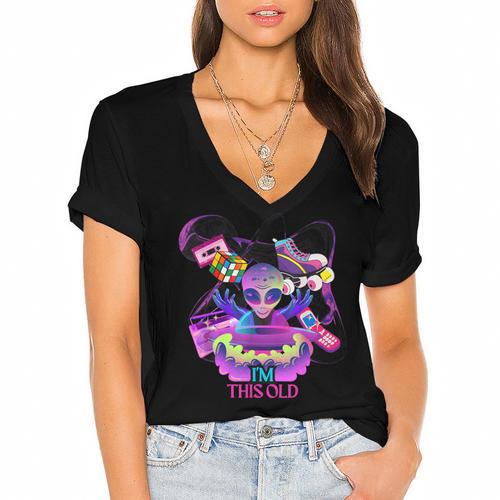 I’m This Old Retro 80s Nostalgia Alien Women's Jersey Short Sleeve Deep V-Neck Tshirt				 - Figerry