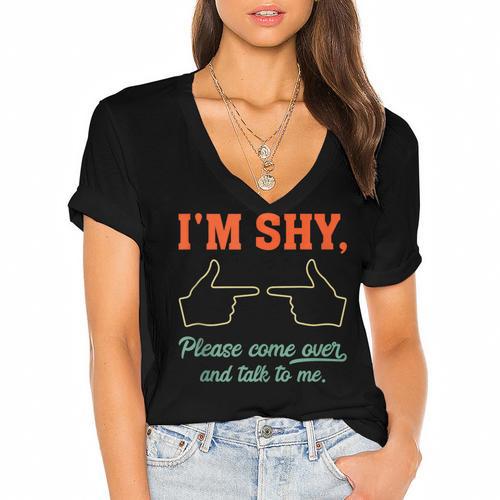 I'm Shy Please Come Over & Talk To Me Introvert Shying Women's Jersey Short Sleeve Deep V-Neck Tshirt - Raresse