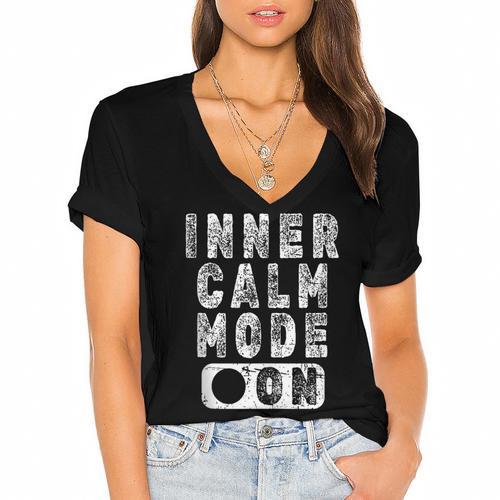 Inner Calm Mode On Introvert Saying Women's Jersey Short Sleeve Deep V-Neck Tshirt - Raresse