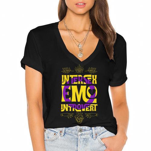 Intersex Emo Introvert Pride Trendy Mystic Teen Goth Style Women's Jersey Short Sleeve Deep V-Neck Tshirt				 - Raresse