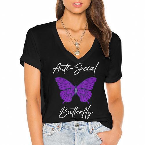 Introvert Antisocial Butterfly For Women Men Women's Jersey Short Sleeve Deep V-Neck Tshirt				 - Raresse