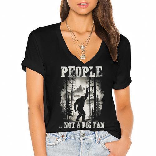 Introvert Bigfoot People Not A Big Fan Dad Joke Women's Jersey Short Sleeve Deep V-Neck Tshirt				 - Raresse