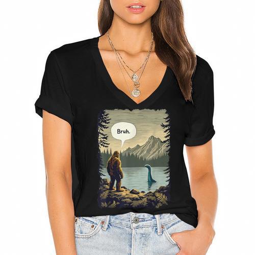 Introvert Bigfoot Sasquatch Loch Ness Monster Bruh Women's Jersey Short Sleeve Deep V-Neck Tshirt				 - Raresse