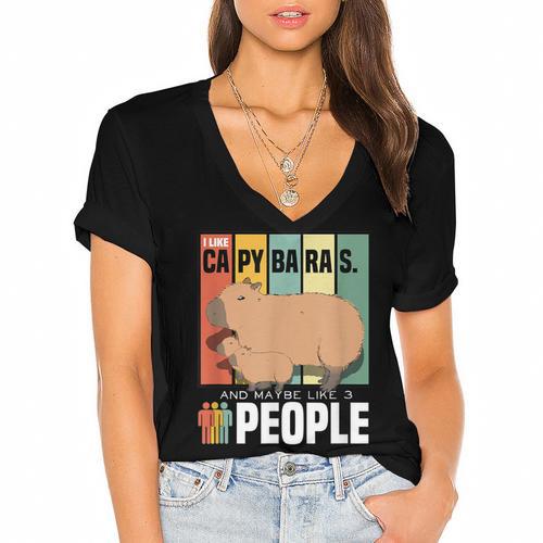 Introvert Capybara Rodent Animal Lover Antisocial Retro Women's Jersey Short Sleeve Deep V-Neck Tshirt				 - Raresse