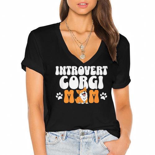 Introvert Corgi Mom Dog Pet Morca Works Dog For Men Women Women's Jersey Short Sleeve Deep V-Neck Tshirt - Raresse