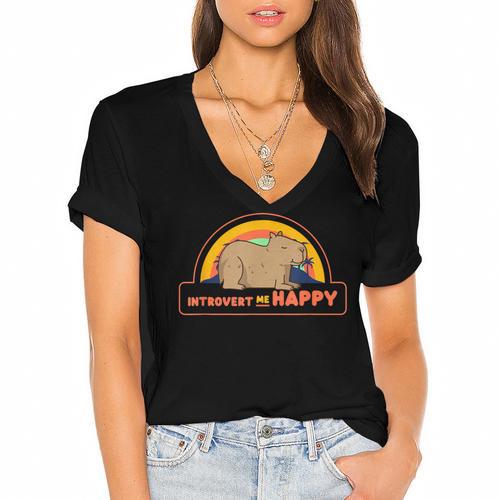 Introvert Me Happy Retro Sunset Capybara Tee Women's Jersey Short Sleeve Deep V-Neck Tshirt				 - Raresse