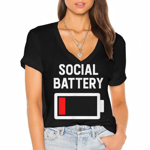 Introvert Low Social Battery Level Anti Social People Women's Jersey Short Sleeve Deep V-Neck Tshirt - Raresse