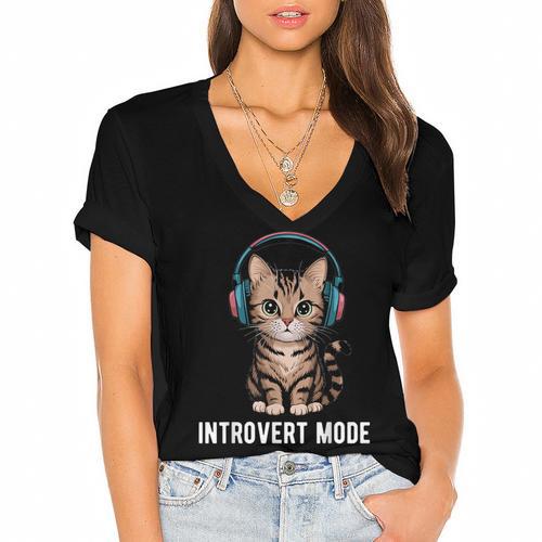 Introvert Mode Cat With Headphones Kitten Lover Women's Jersey Short Sleeve Deep V-Neck Tshirt - Raresse