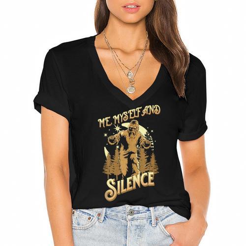 Introvert Relaxation Me Myself And Silence Vacation Bigfoot Women's Jersey Short Sleeve Deep V-Neck Tshirt - Raresse